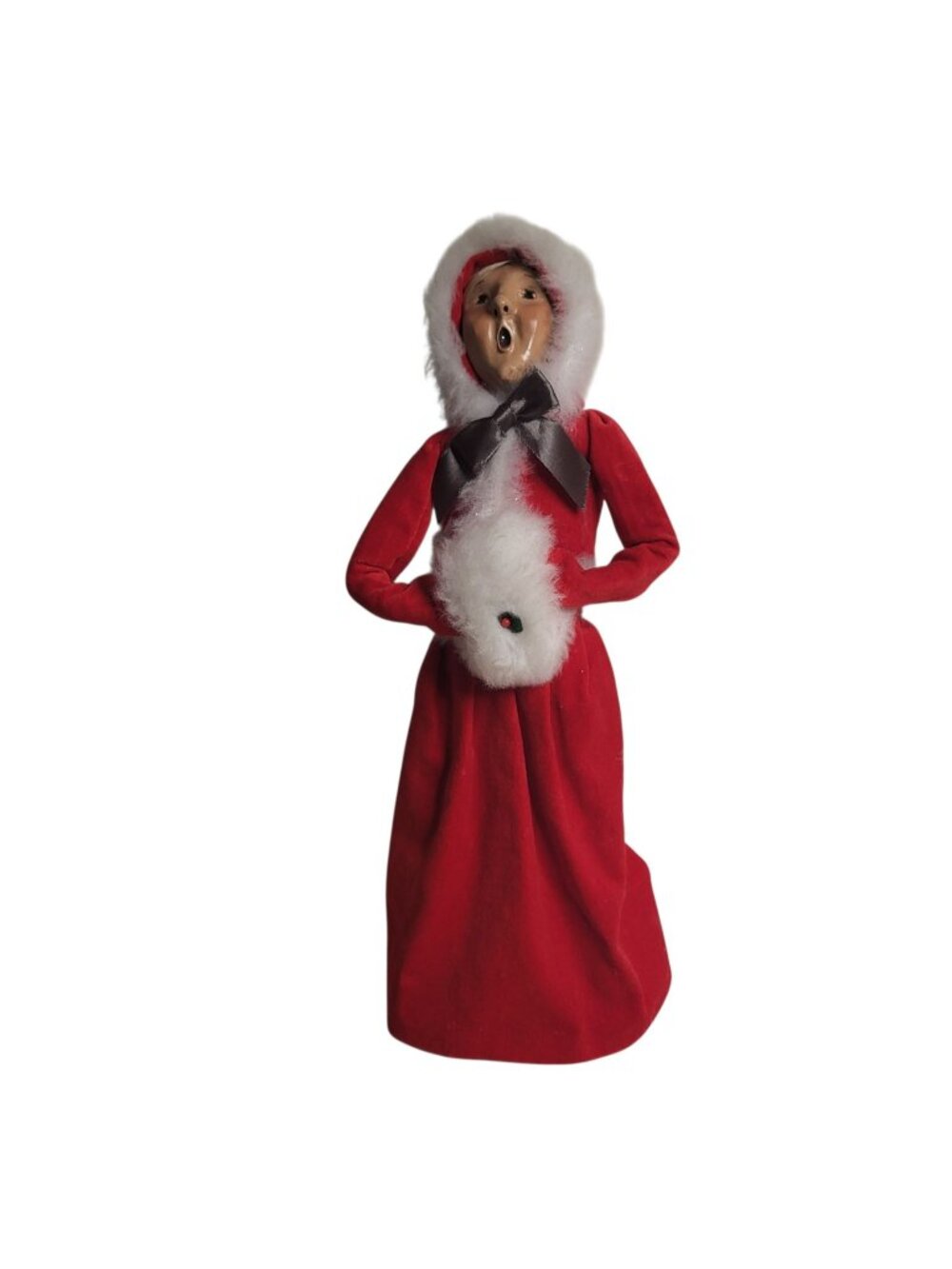 Vtg 1988 Byer's Choice The Carolers Figure - Woman in Red Velvet Whte Furry Muff